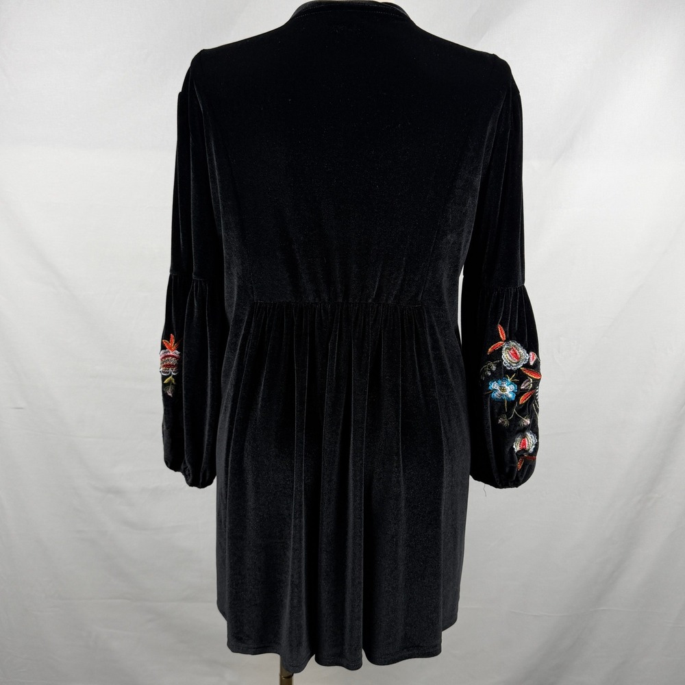 Black Velvet Embroidered Dress Fairy Grunge Whimsigoth Boho Balloon Sleeve XL - Picture 5 of 9